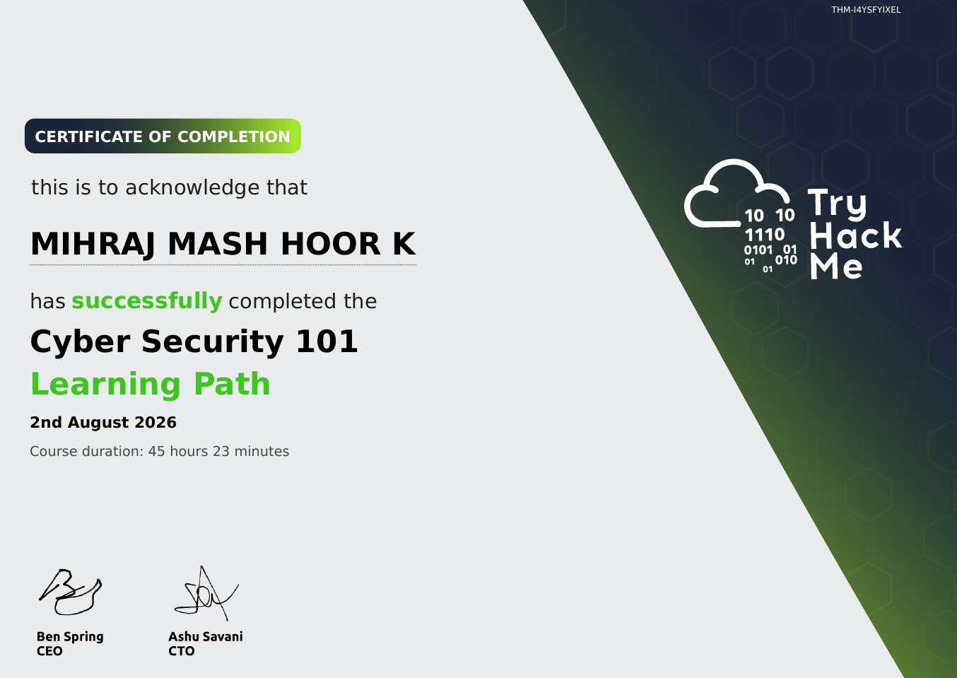 TryHackMe Cyber Security 101 Certificate Preview